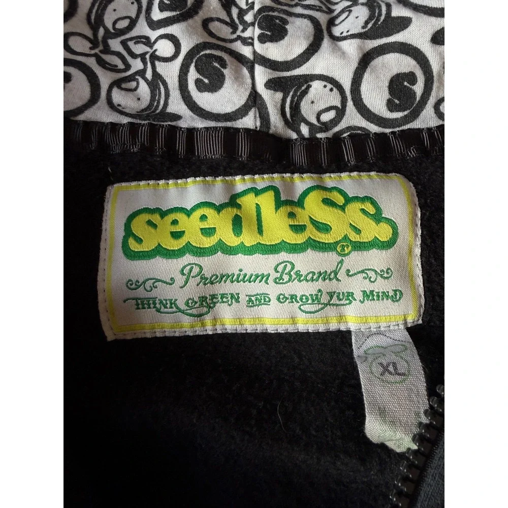 Vintage Seedless Black Full Zip Hoodie Embroidered Logo Graphic Hood Lining XL